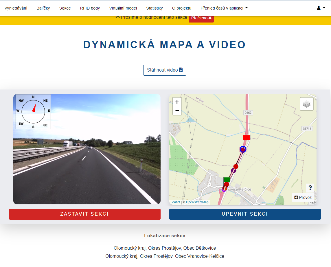 Detail sekce na webu testovacioblasti.autonomne.cz - přehled videa, bodových a úsekových událostí, pokrytí mobilním signálem