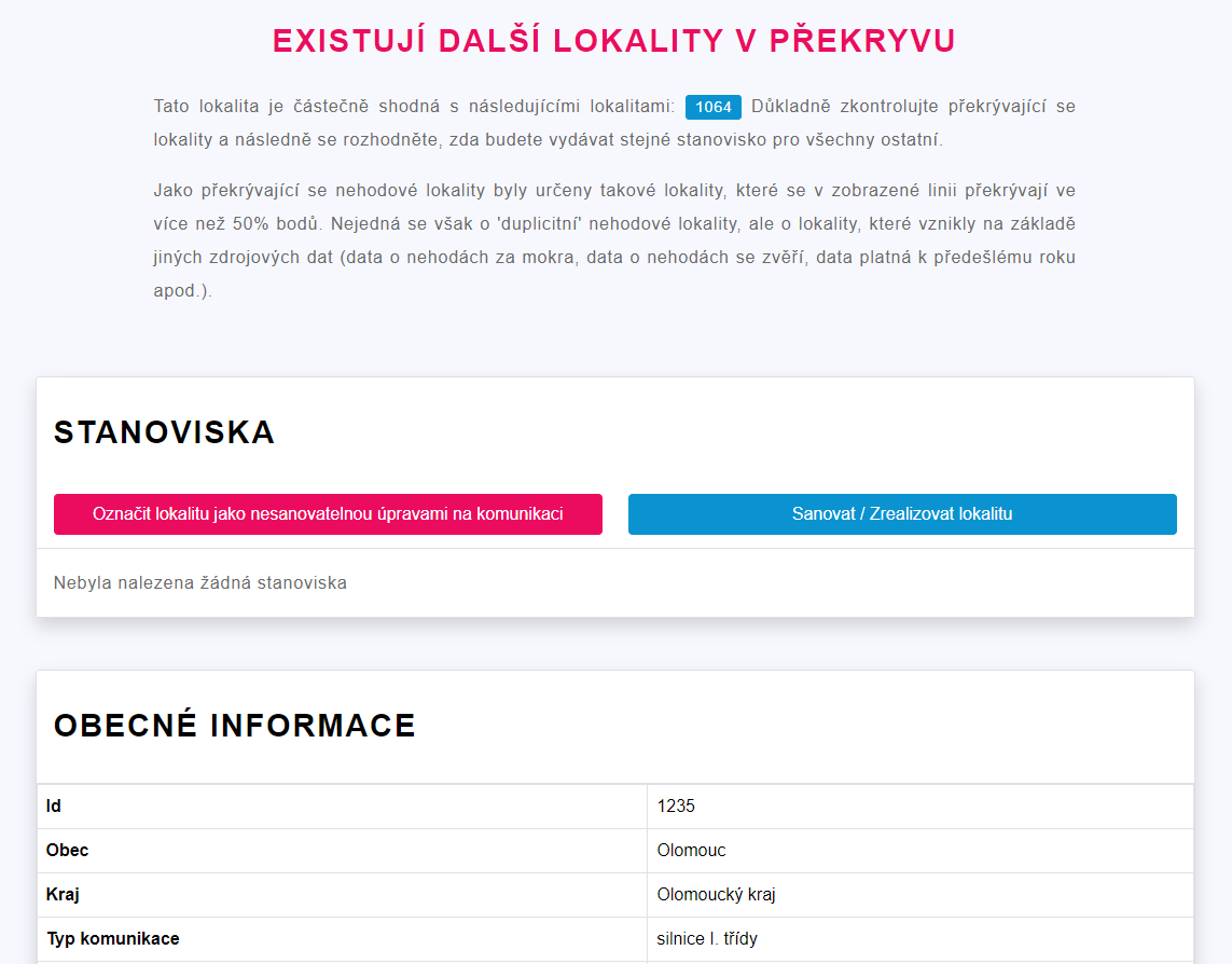 Detail shluku na webu nehodovelokality.cdvinfo.cz