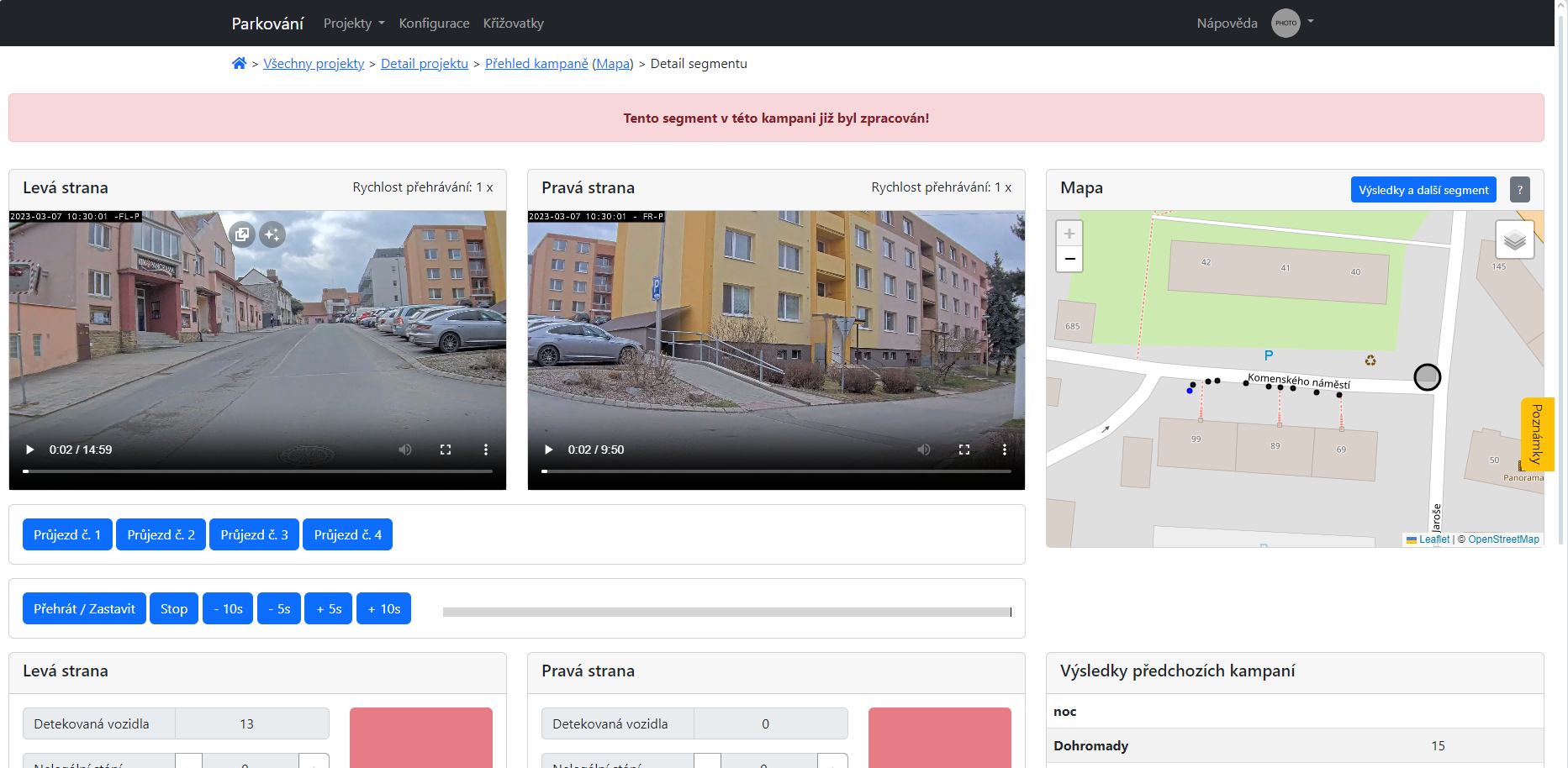 Detail vyhodnocovací obrazovky v aplikaci pro vyhodnocování parkování